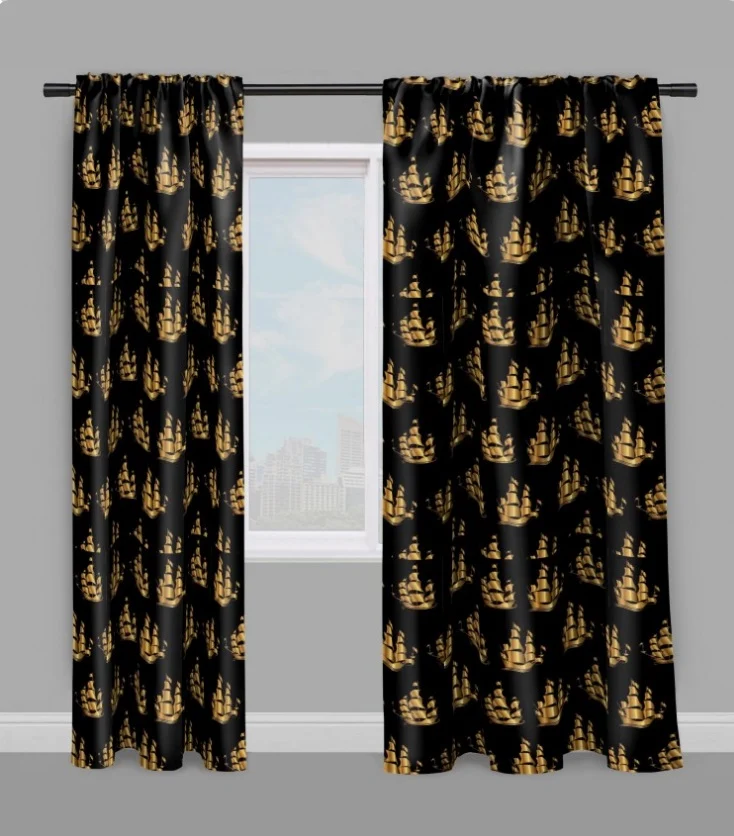 Tissu ameublement mètre rideau coussin couette motif Marin Bateau Navire or doré noir