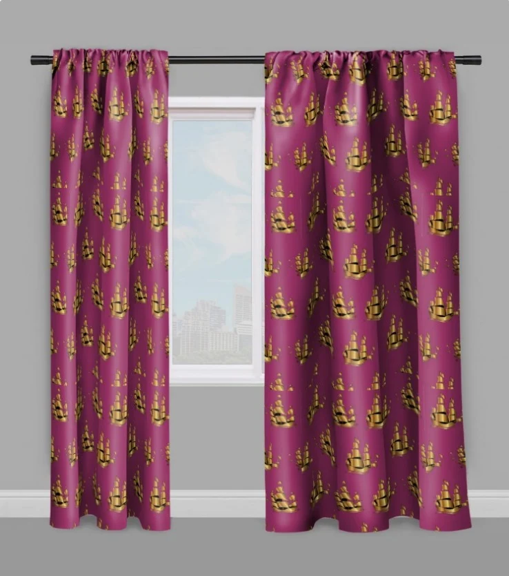 Tissu au mètre rideau coussin couette motif Marin bateau navire Or parme violet
