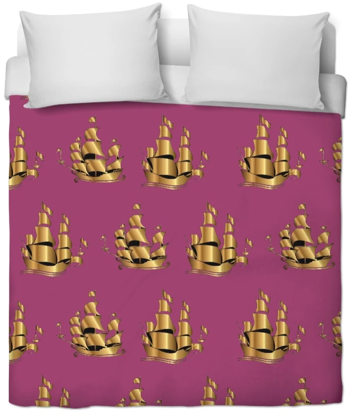Tissu au mètre rideau coussin couette motif Marin bateau navire Or parme violet