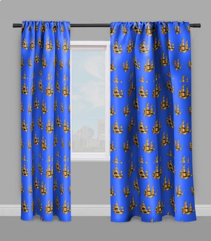 Tissu ameublement tapisserie mètre imprimé motif Marin bateau navire Or doré BLEU ROI