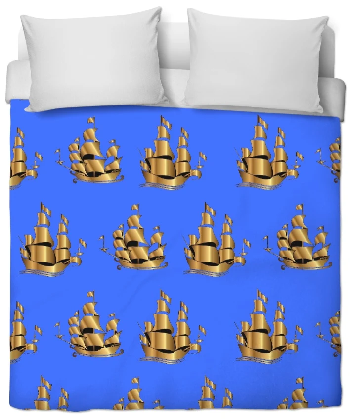 Tissu ameublement tapisserie mètre imprimé motif Marin bateau navire Or doré BLEU ROI