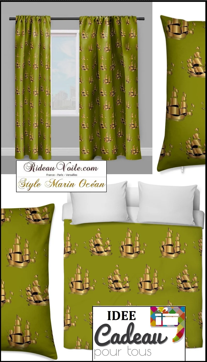 Boutique tissu ameublement mètre rideau couette déco Marin bateau Or doré vert
