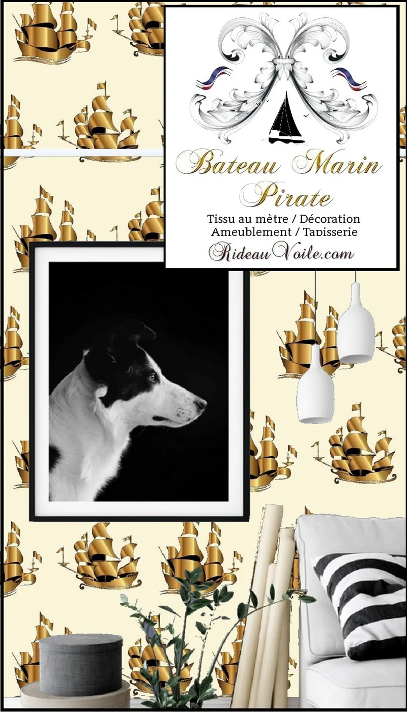 Tissu au mètre jaune rideau coussin couette motif Marin bateau navire or doré