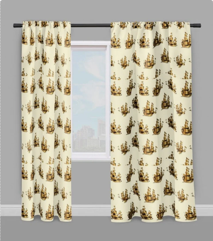 Tissu au mètre jaune rideau coussin couette motif Marin bateau navire or doré