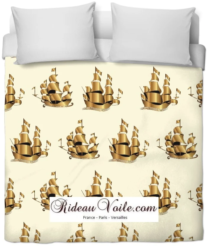 Tissu au mètre jaune rideau coussin couette motif Marin bateau navire or doré