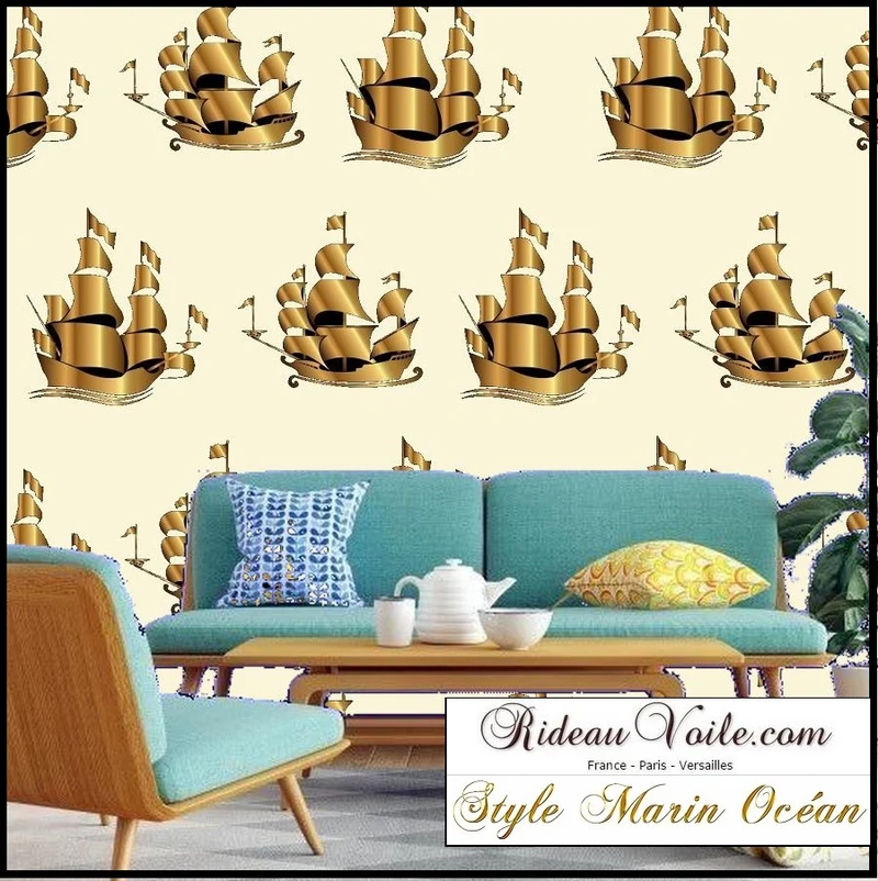 Tissu au mètre jaune rideau coussin couette motif Marin bateau navire or doré