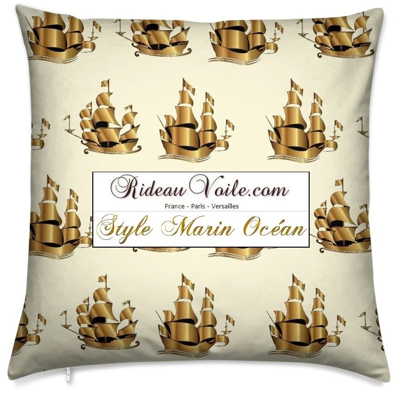 Tissu au mètre jaune rideau coussin couette motif Marin bateau navire or doré