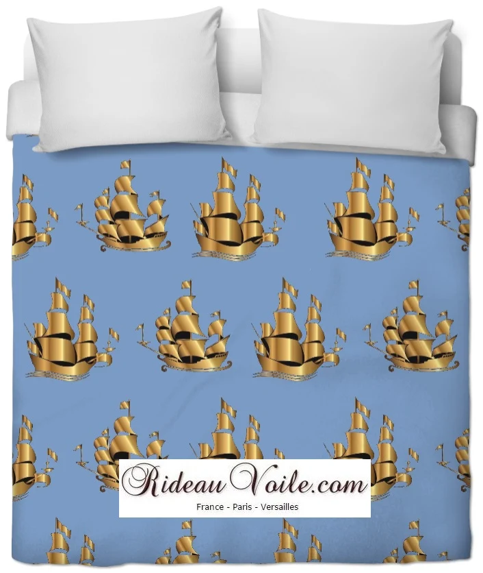 Tissu ameublement mètre bleu rideau motif Marin bateau Or upholstery fabric Nautical
