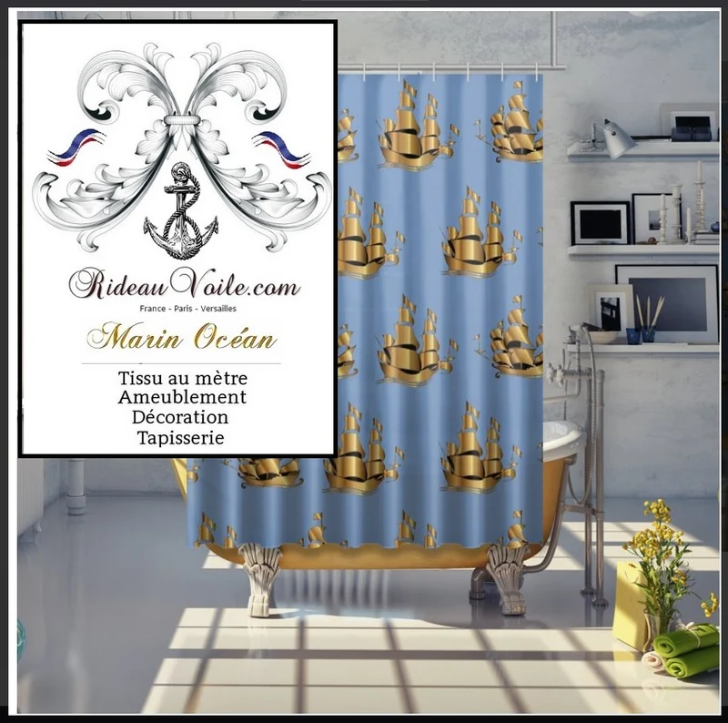 Tissu ameublement mètre bleu rideau motif Marin bateau Or upholstery fabric Nautical
