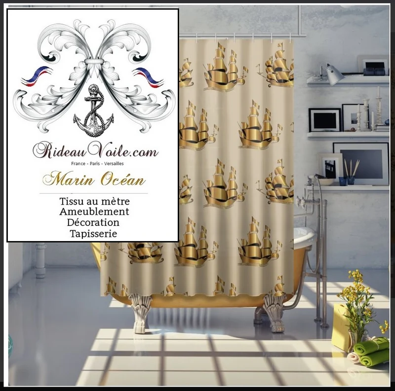 Tissu ameublement au mètre rideau motif Marin bateau Or upholstery fabric Nautical