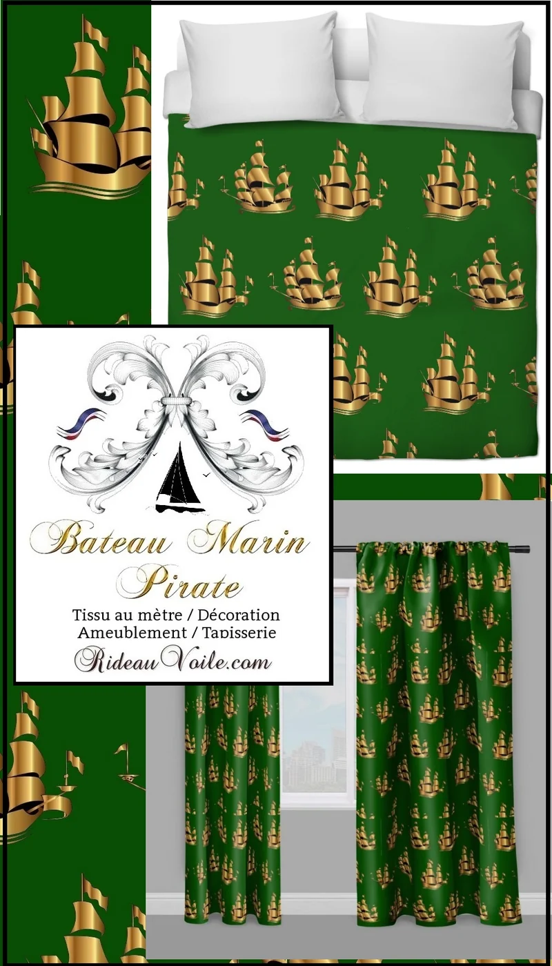 Tissu ameublement Marin mètre vert rideau motif bateau Maritime Gardinen Vorhänge