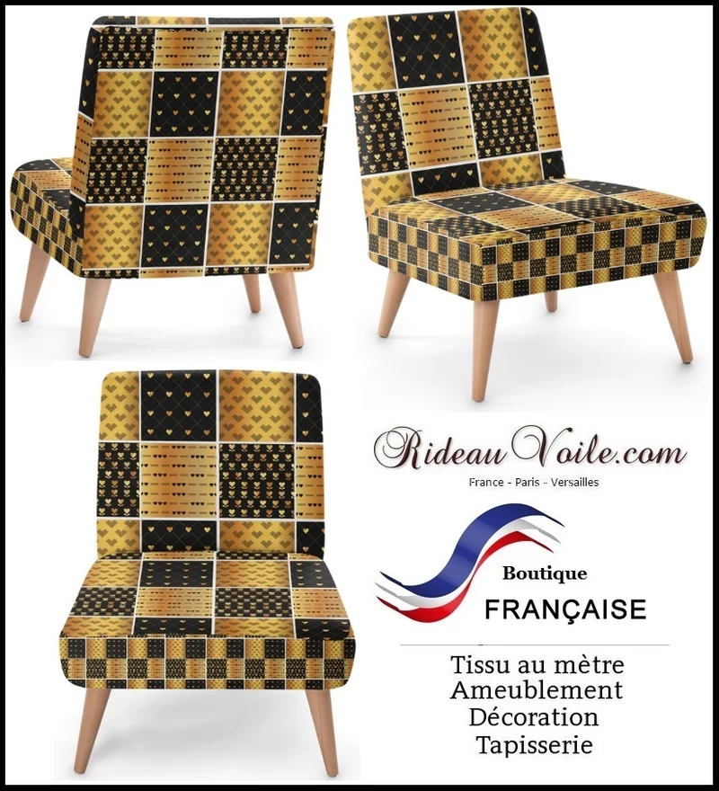 Tissu ameublement mètre rideau coussin couette motif cœur or doré noir sur mesure