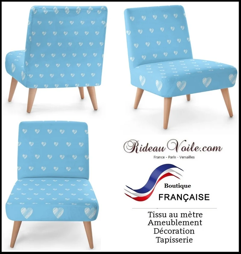 Imprimé motif cœur blanc bleu tissu au mètre rideau couette chambre enfant bébé