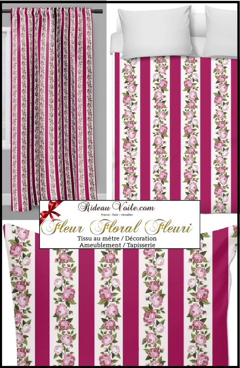 Tissu ameublement lignes rayés rayures fleurs au mètre décoration rideau voilage