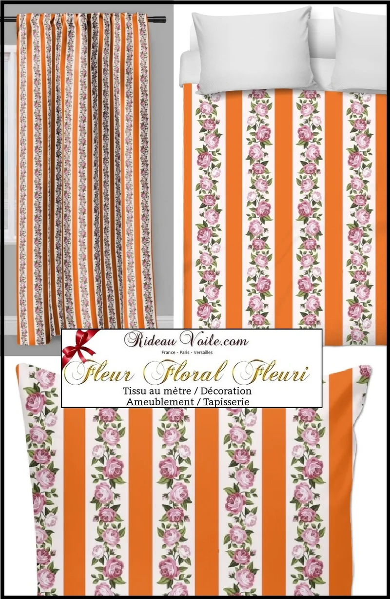 Tissu ameublement rayés rayures orange fleuris mètre rideau fleurs tapisserie siège