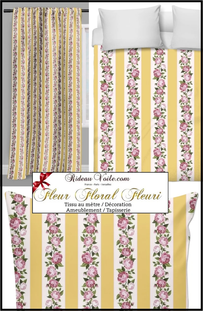 Tissu rayé jaune motifs fleuris mètre rideau fleur Roses Dekostoffe Blumen Barock