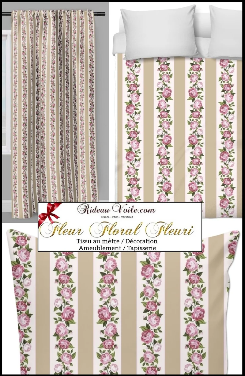 Lignes tissu rayé beige motif fleuri mètre rideau couette coussin guirlandes de Roses