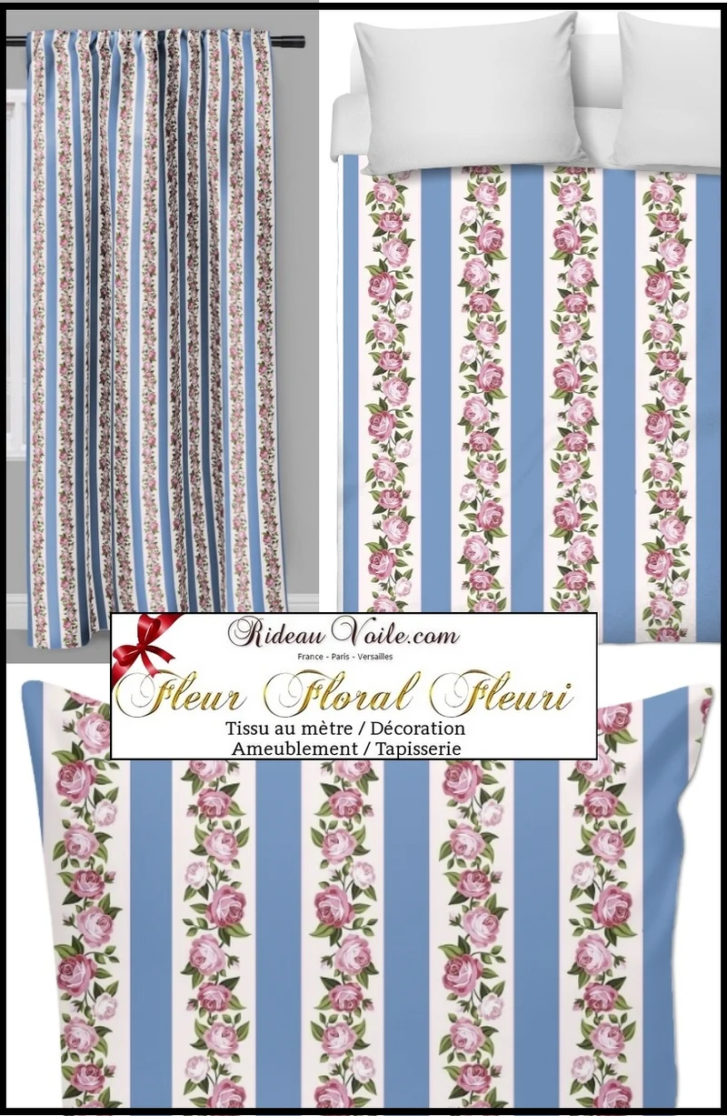Lignes bleu tissu ameublement rayé mètre rideau tapisserie imprimé guirlande fleurs