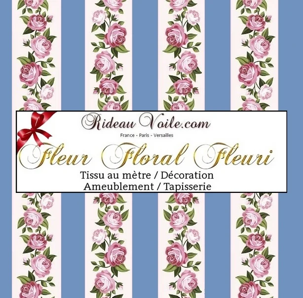 Lignes bleu tissu ameublement rayé mètre rideau tapisserie imprimé guirlande fleurs