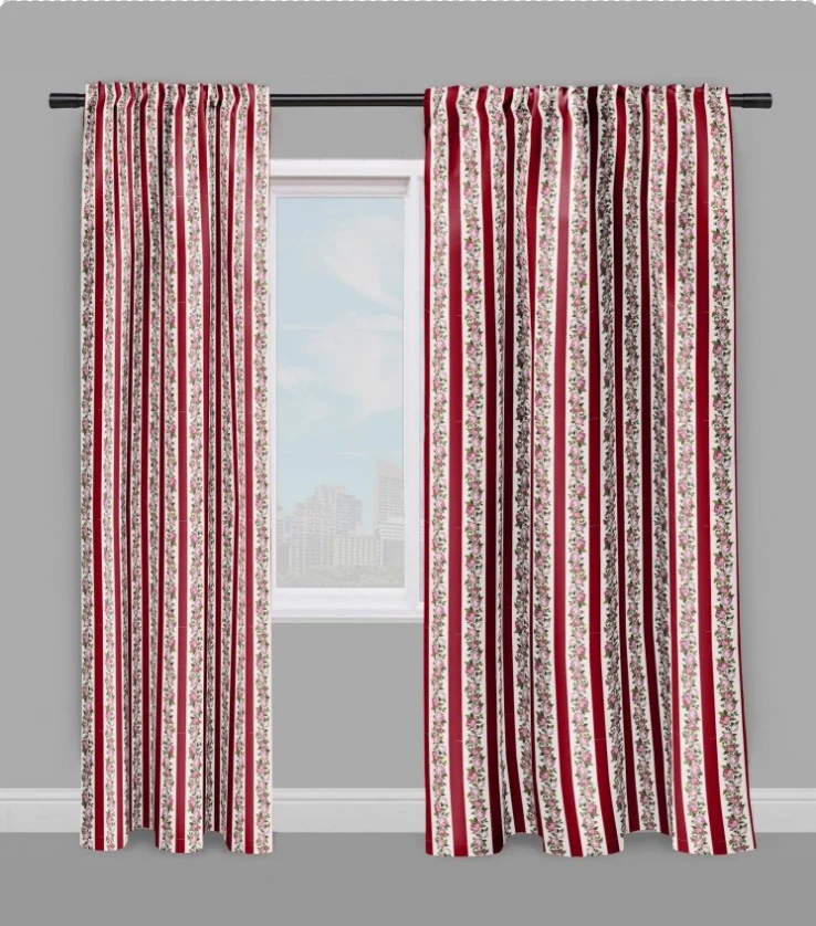 Tissu ameublement rayure rouge mètre rideau voilage fleurs Roses Vorhänge florales