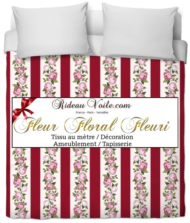 Tissu ameublement rayure rouge mètre rideau voilage fleurs Roses Vorhänge florales