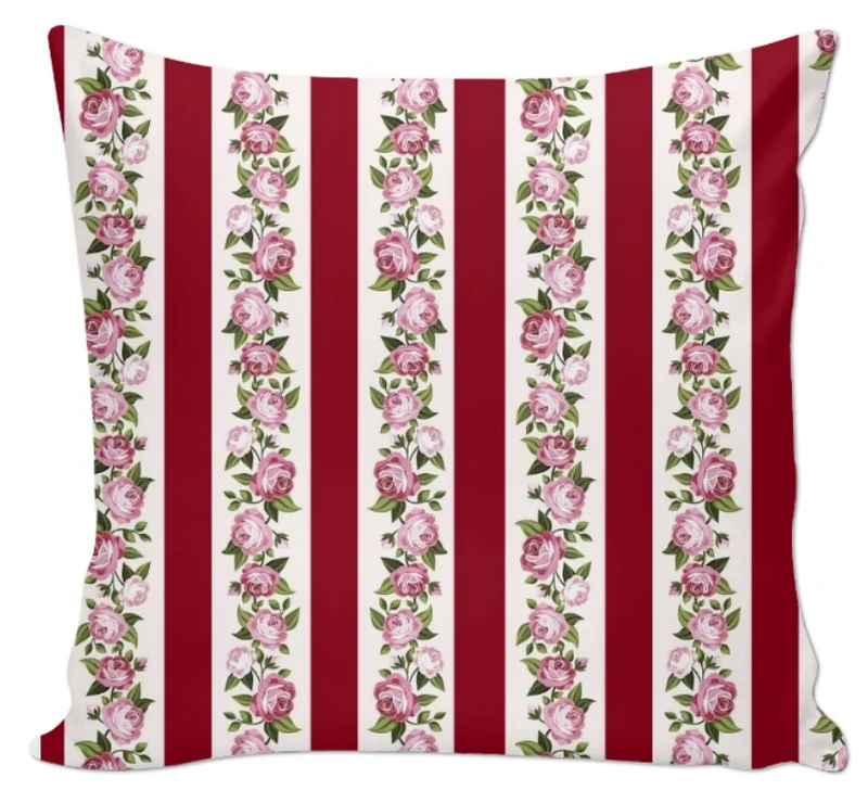 Tissu ameublement rayure rouge mètre rideau voilage fleurs Roses Vorhänge florales
