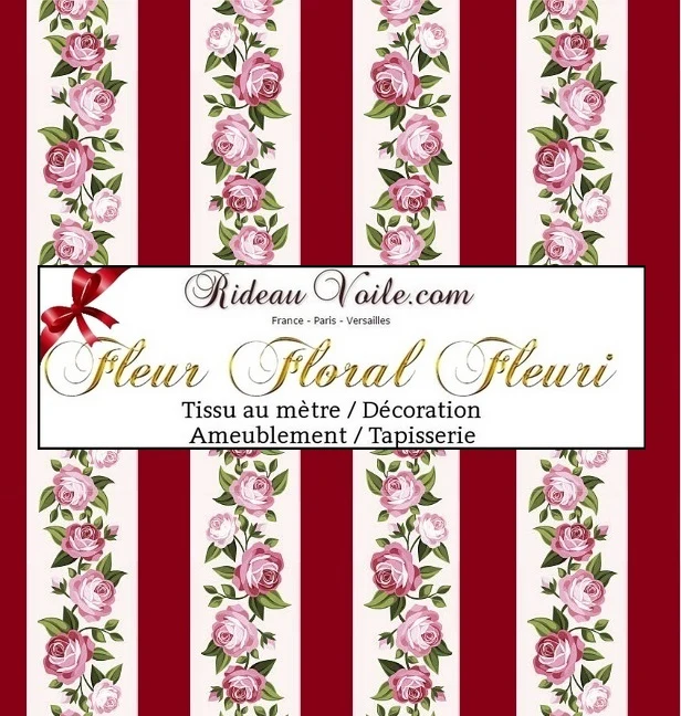 Tissu ameublement rayure rouge mètre rideau voilage fleurs Roses Vorhänge florales