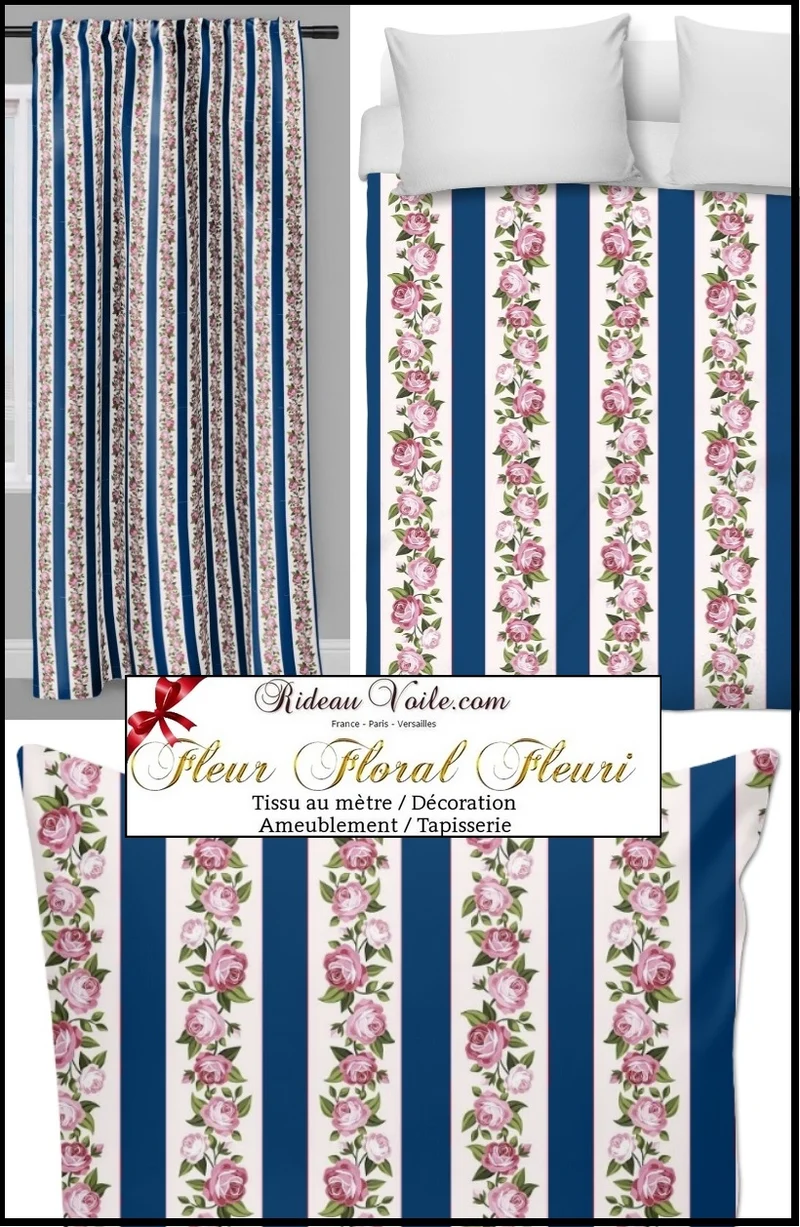 Tissu au mètre rideau couette ameublement rayés verticales rayures bleu fleur