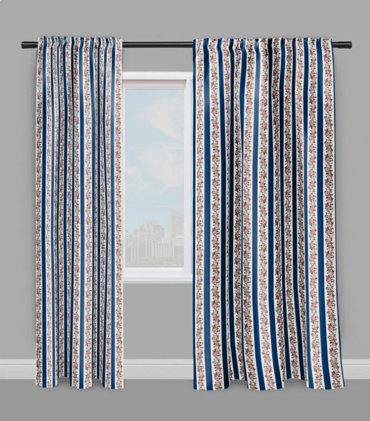 Tissu au mètre rideau couette ameublement rayés verticales rayures bleu fleur