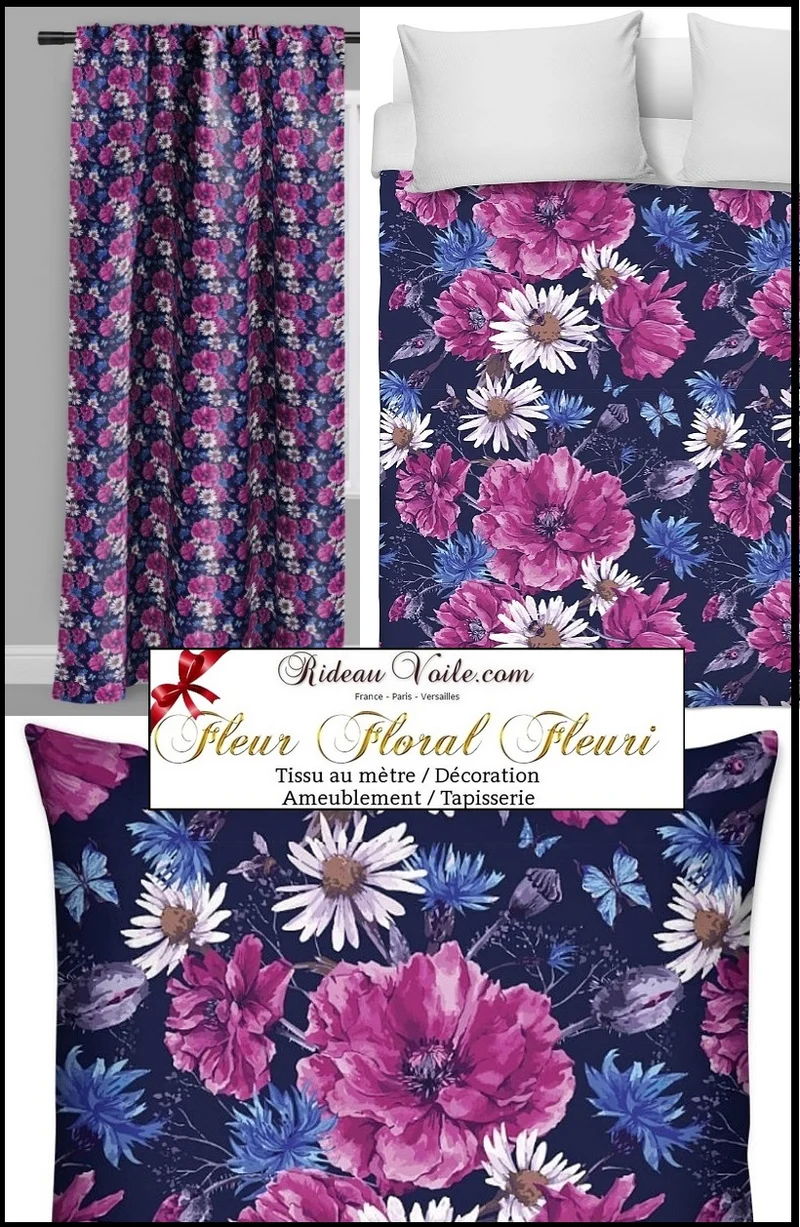 Tissu tapisserie ameublement fleurs mètre rideau voilage couette bleu violet lilas fushia