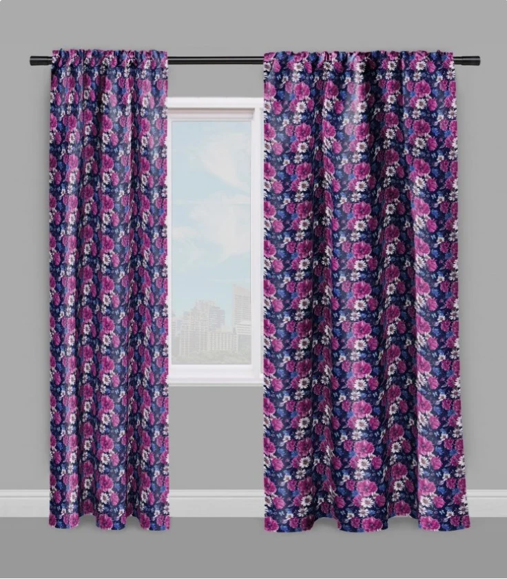 Tissu tapisserie ameublement fleurs mètre rideau voilage couette bleu violet lilas fushia