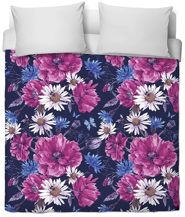 Tissu tapisserie ameublement fleurs mètre rideau voilage couette bleu violet lilas fushia