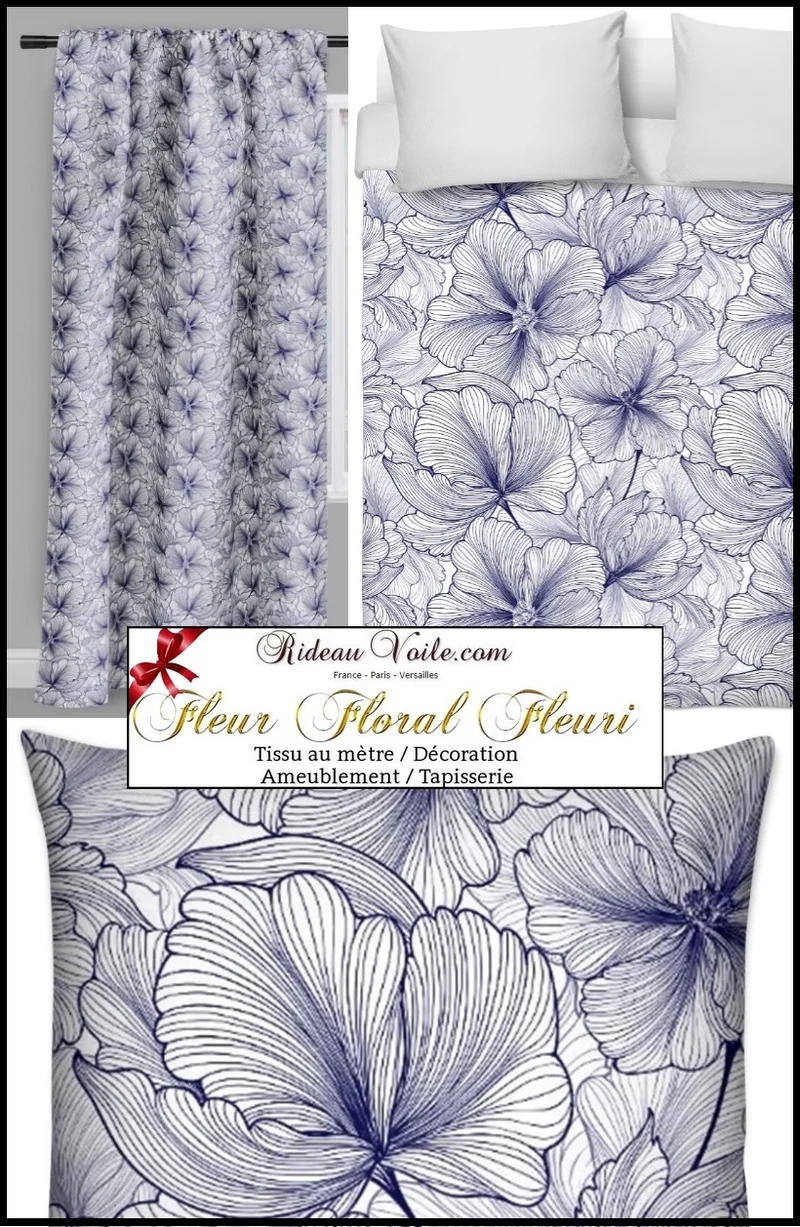 Imprimé Larges pétales fleurs décoration textile fleuri tissu mètre rideau couette bleu