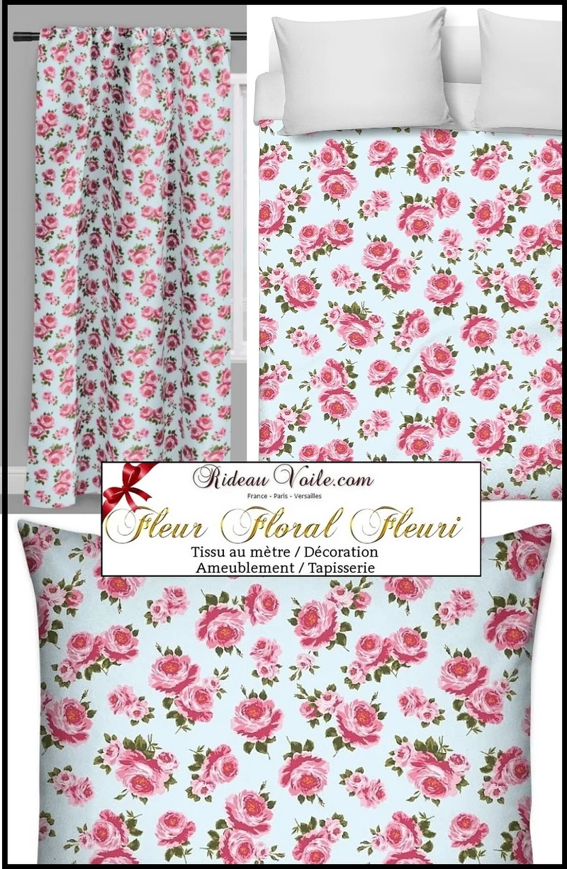 Tissu tapisserie mètre ameublement bleu motif fleurs Roses gardin og møbelstof Rose