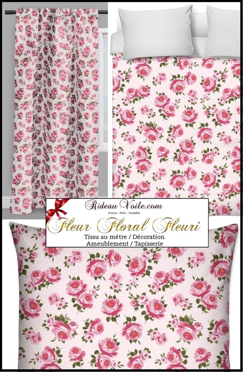 Tissu ameublement motif fleurs Roses mètre rideau voilage blomster gardin møbelstof