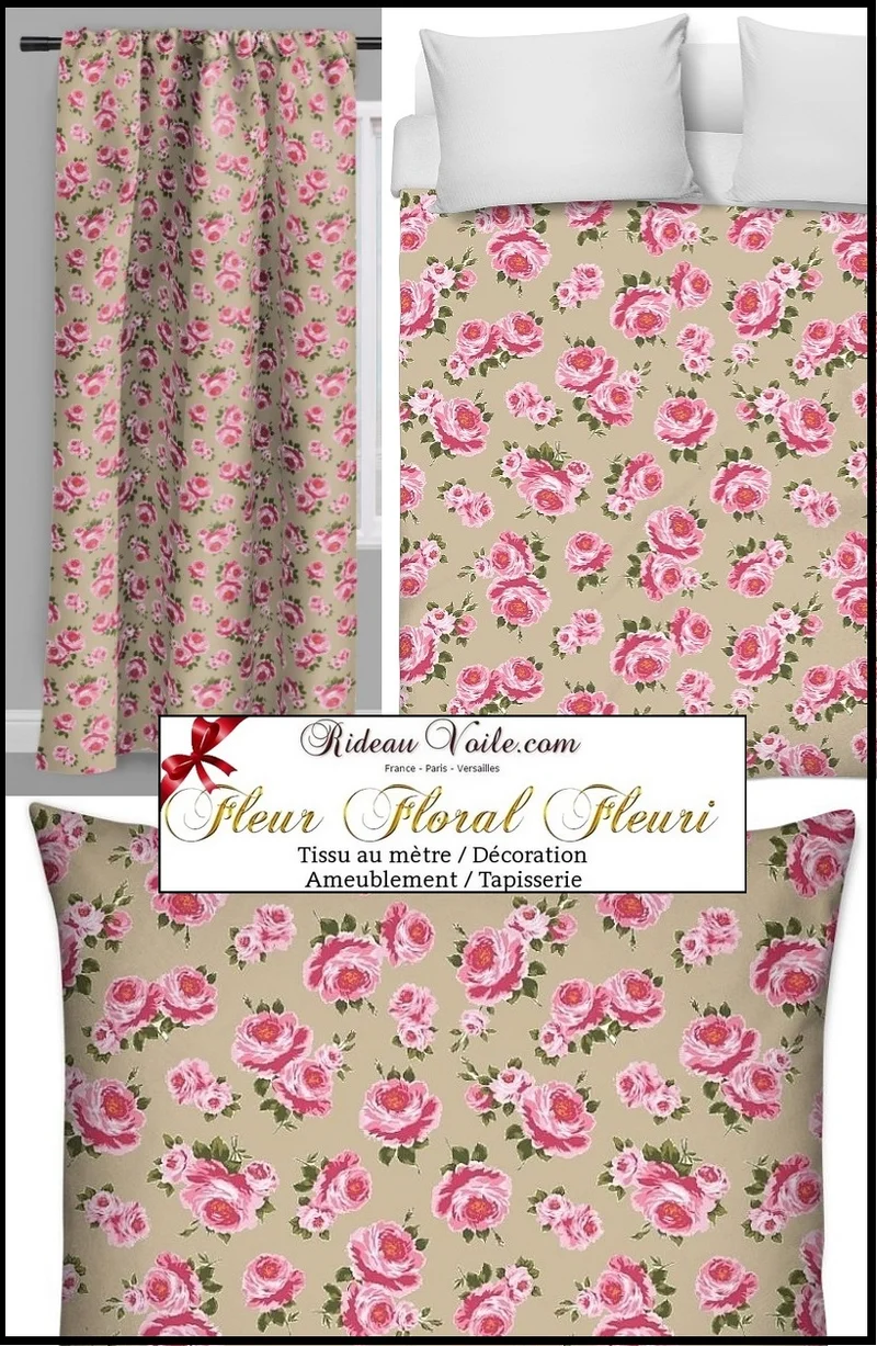 Fleurs de Roses fond beige tissu au mètre rideau couette Tessuto motivi floreali metro