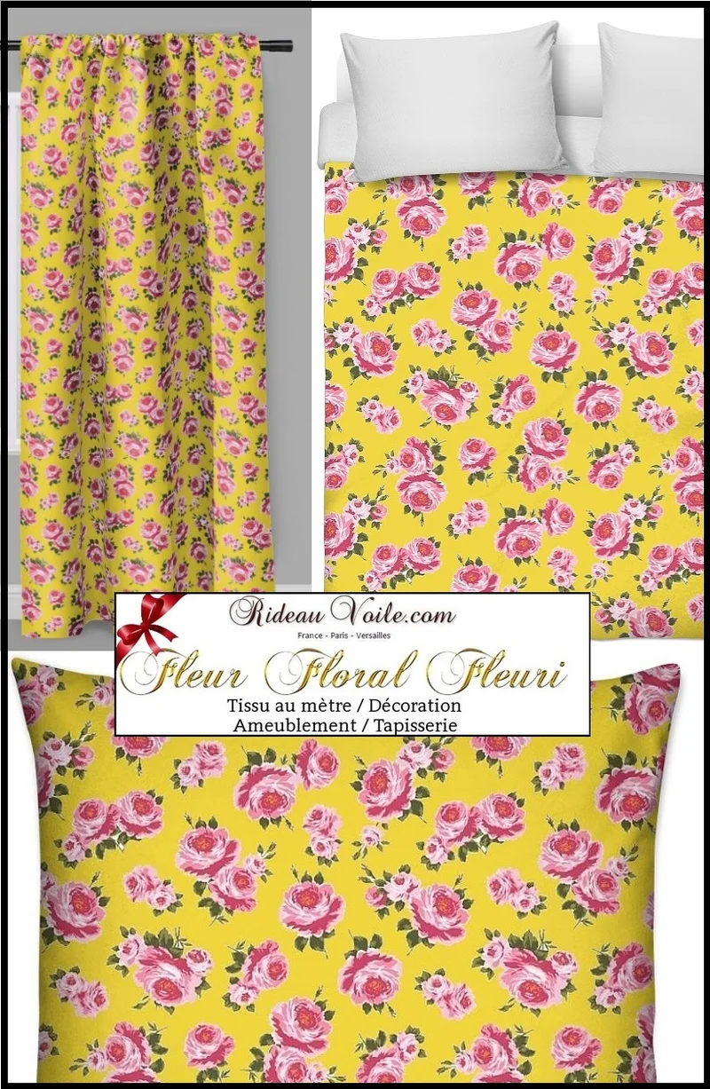 Décoration intérieure florale tissu au mètre rideau fleurs Roses Liberty shabby chic jaune