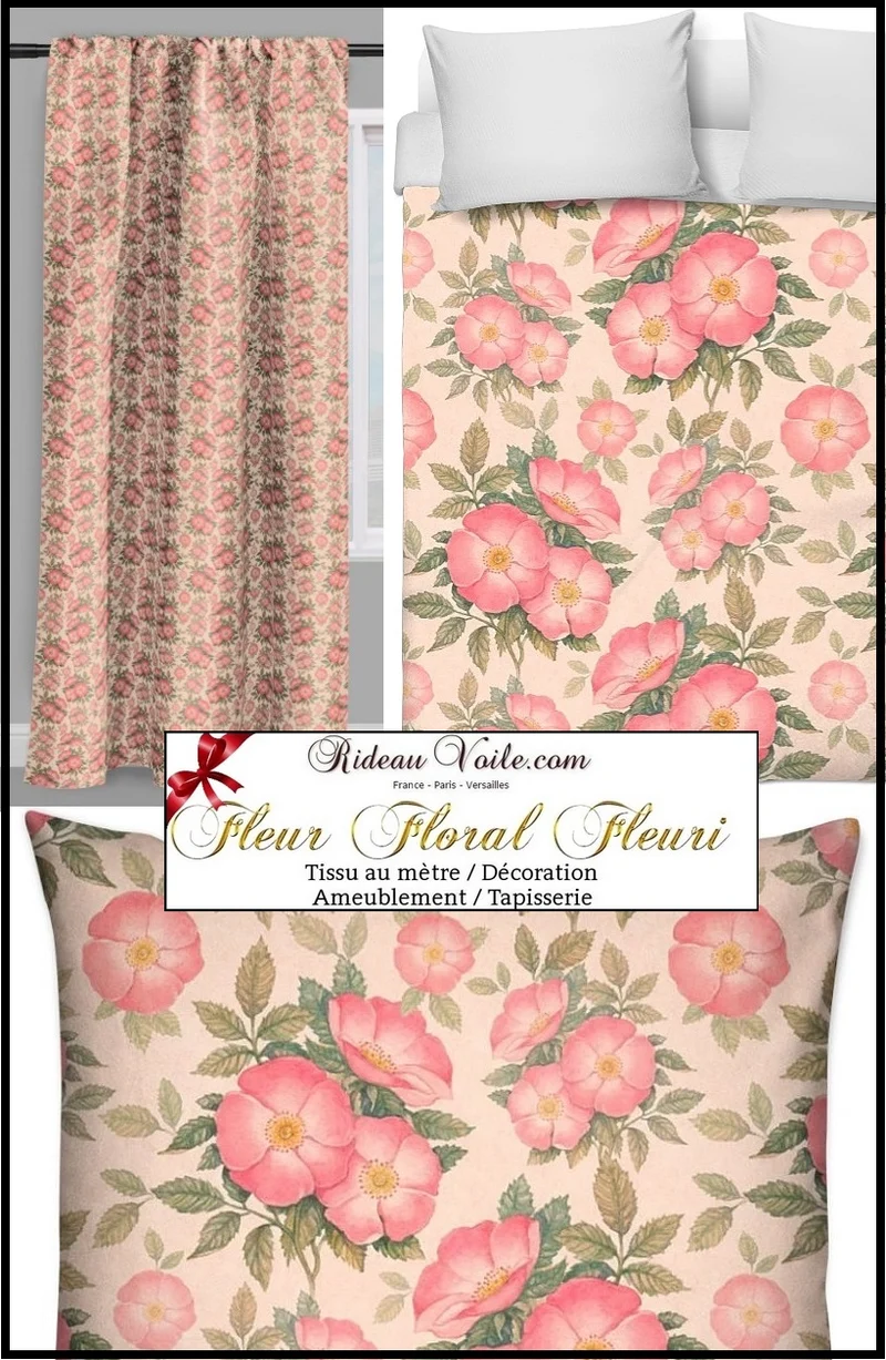 Rideau tissu floral composition imprimé fleurs botaniques couette au mètre boutique Paris