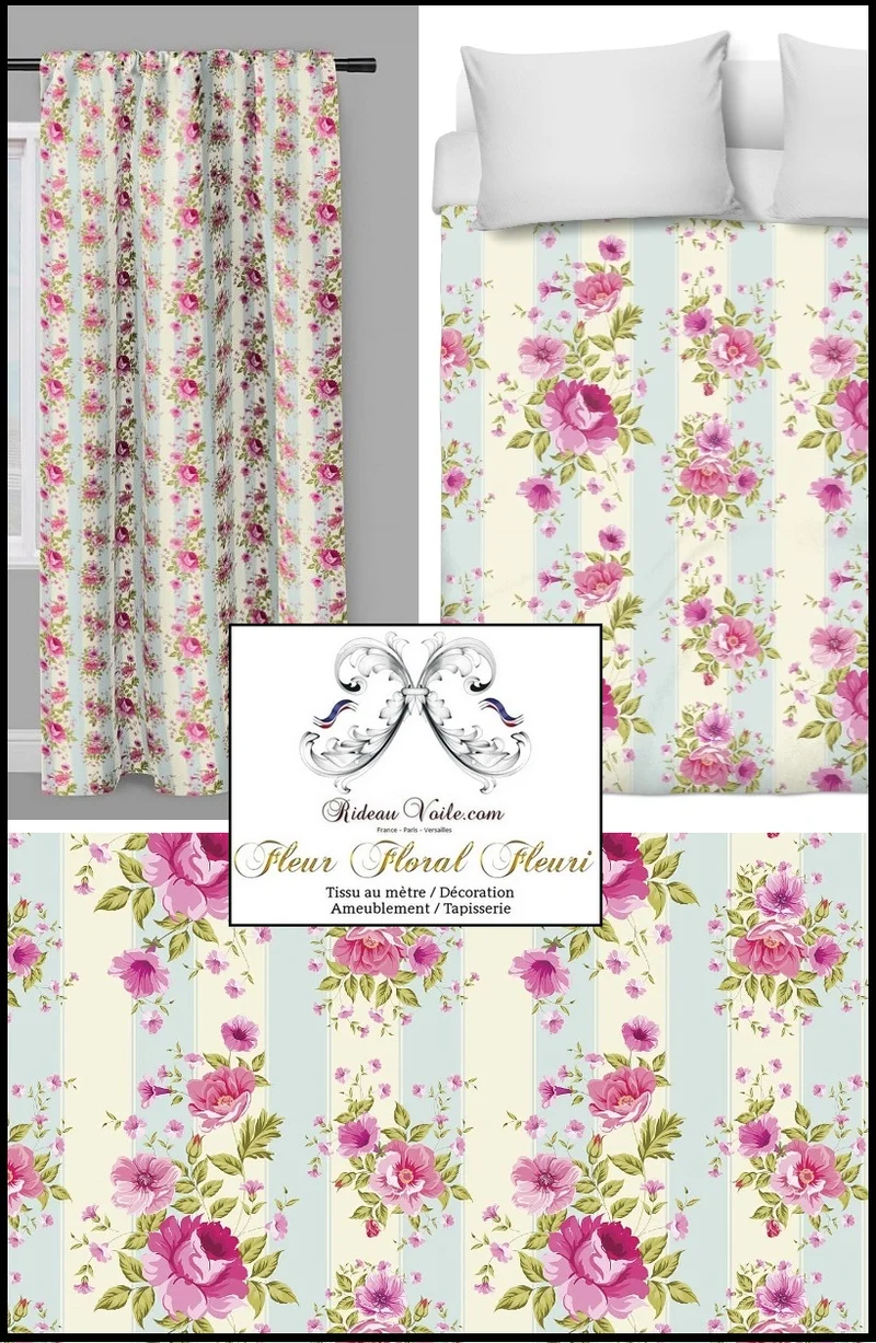 Tissu ameublement fleurs rideau couette mètre rayures bleu flowers fabrics upholstery