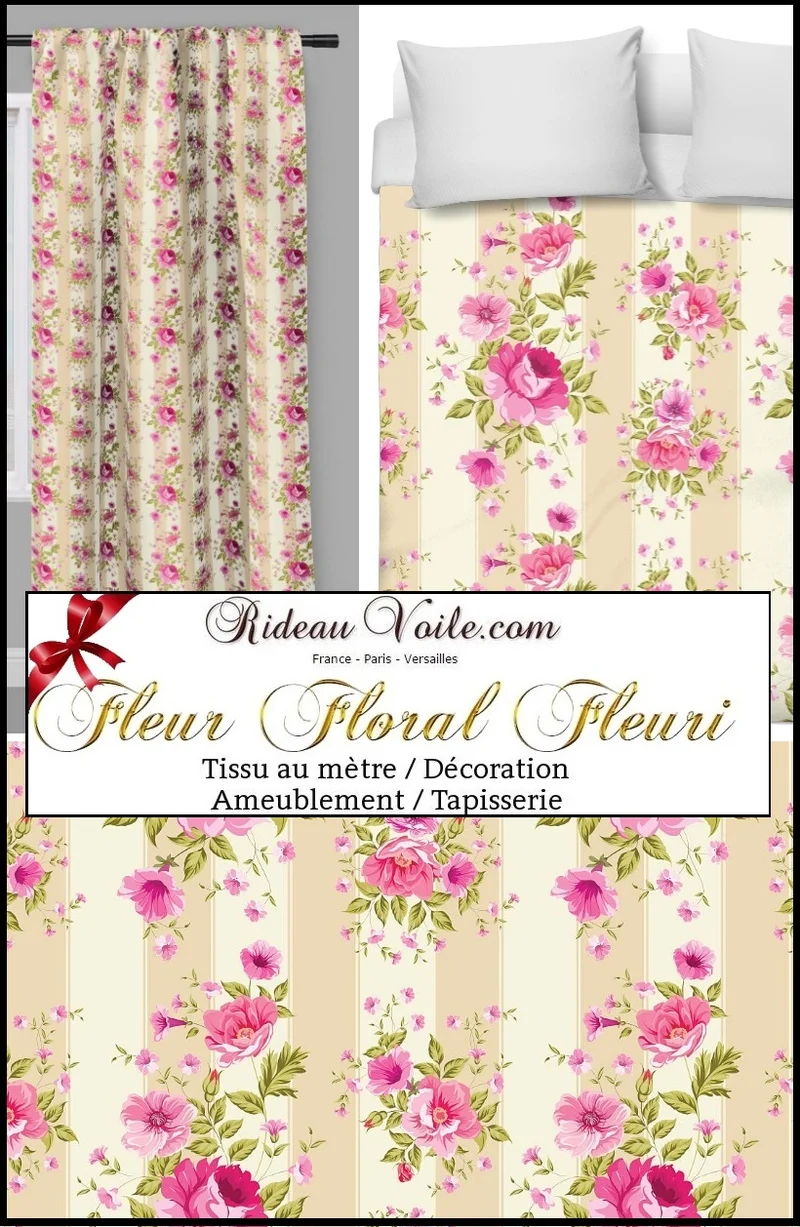 Tissu ameublement fleur Roses rideau imprimé mètre Rayure beige Flowers fabrics