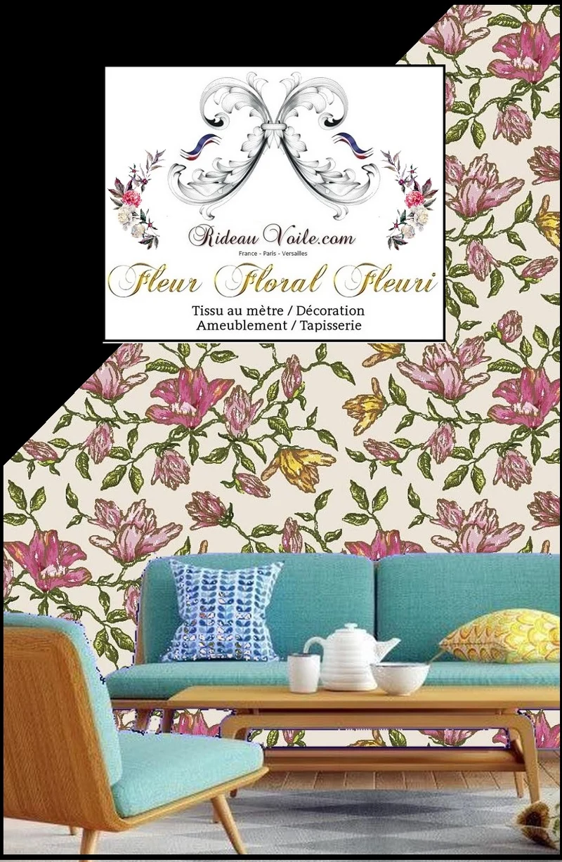 Tissu ameublement imprimé fleurs branches mètre rideau french fabrics flowers meter