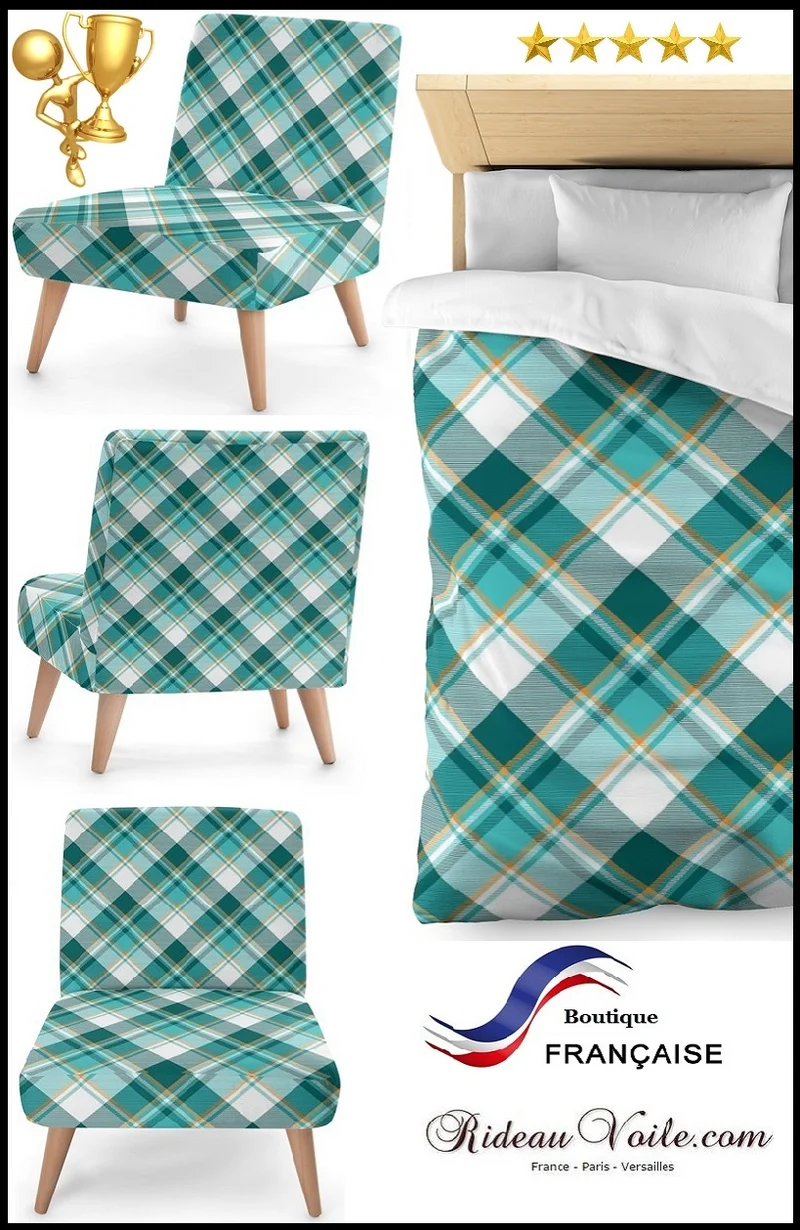 Tissu ameublement carreaux Madras vert au mètre rayés rayures rideau voilage couette