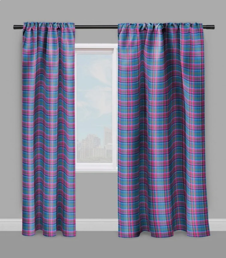 Tissu ameublement carreaux Madras bleu violet rose fushia au mètre rayé rideau