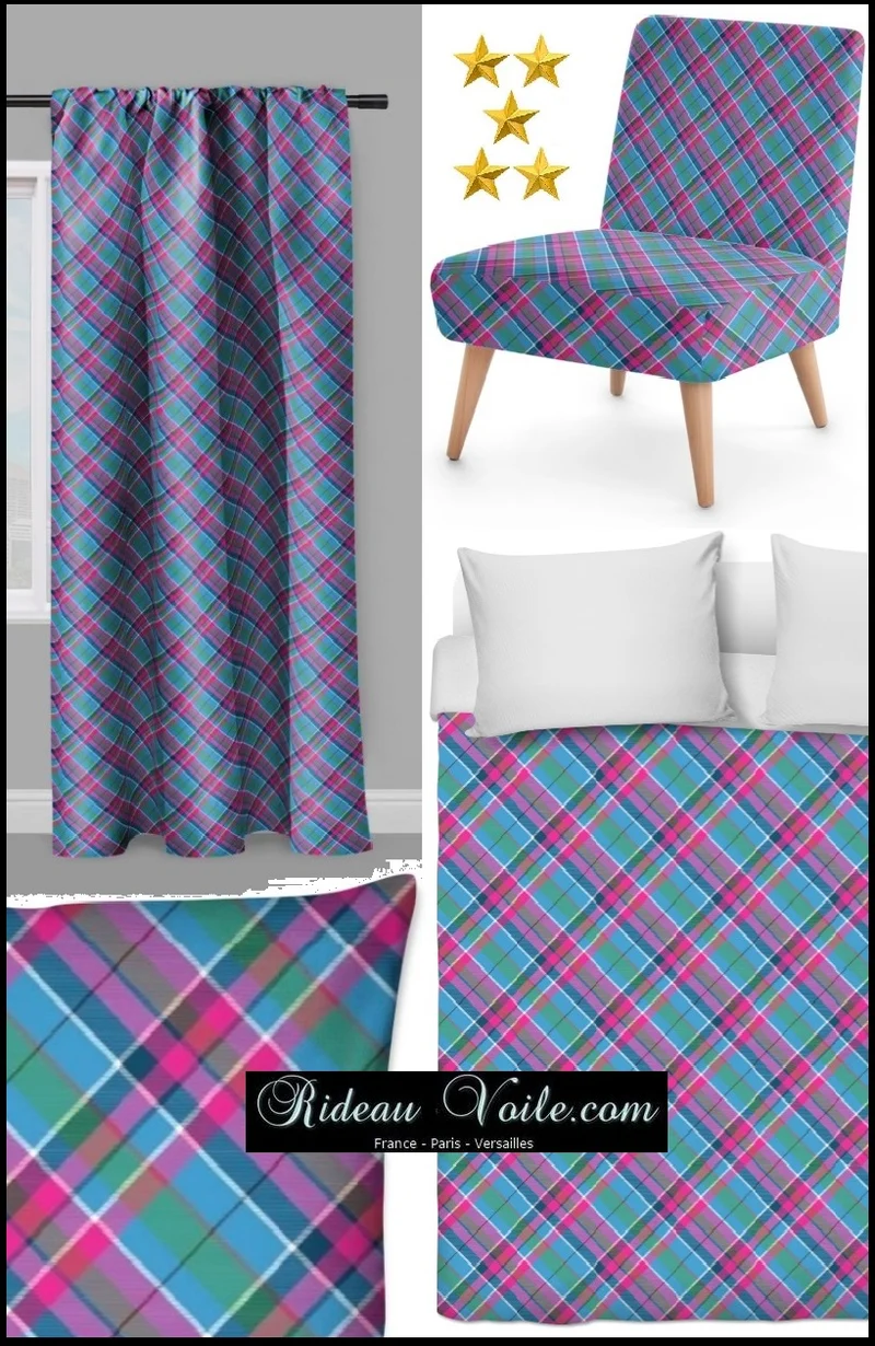 Tissu ameublement carreaux Madras mètre ameublement bleu violet rose fushia