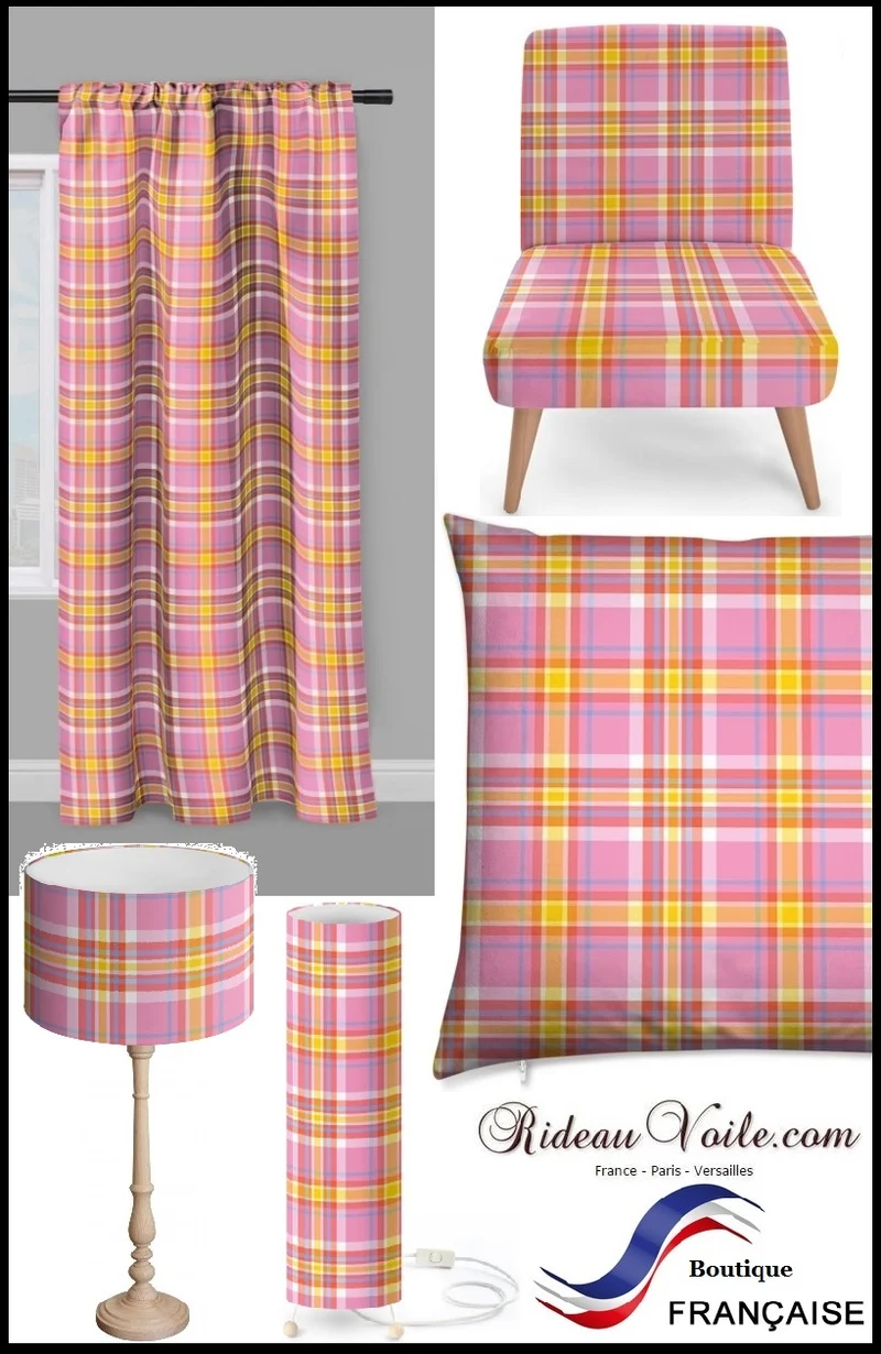 Tissu carreaux Madras Antillais mètre rayé rose rideau couette coussin tapisserie