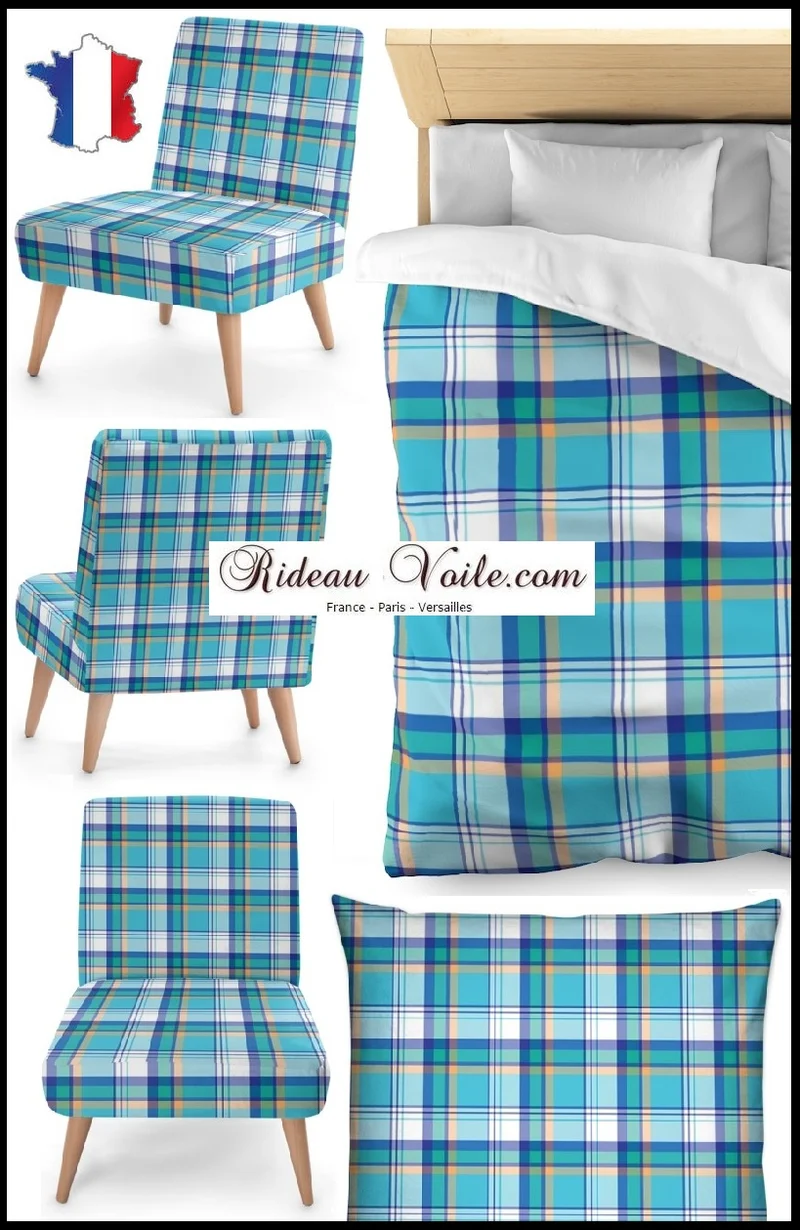 Tissu carreaux Madras Antillais mètre rayé bleu rideau couette coussin tapisserie