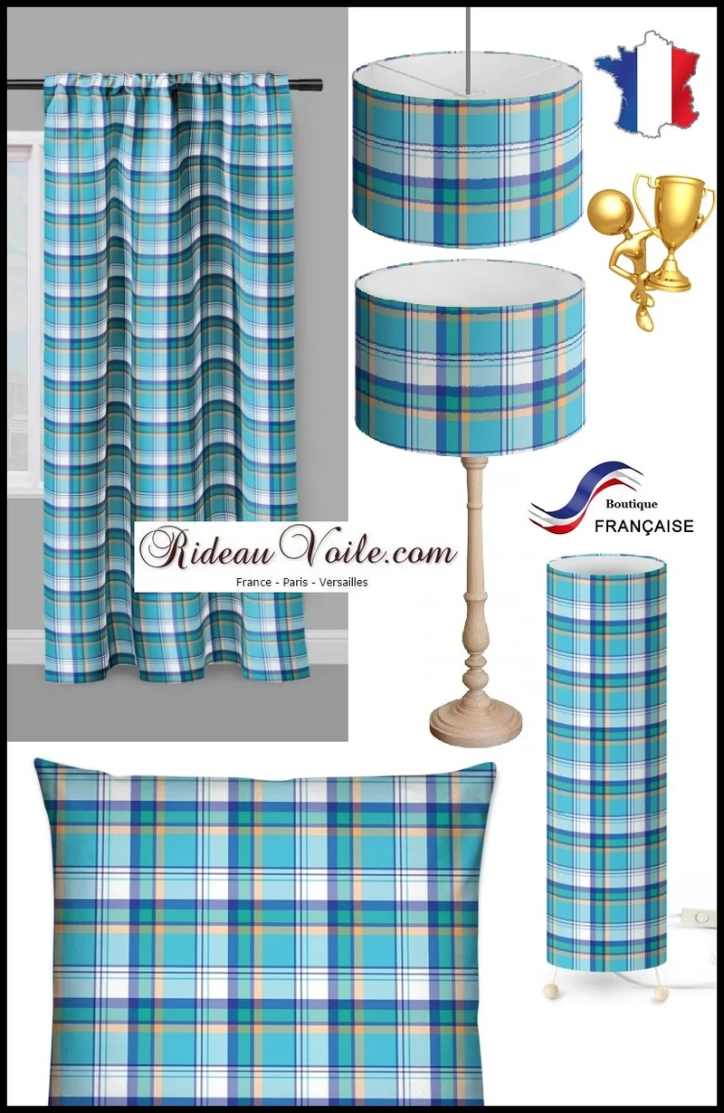 Tissu carreaux Madras Antillais mètre rayé bleu rideau couette coussin tapisserie