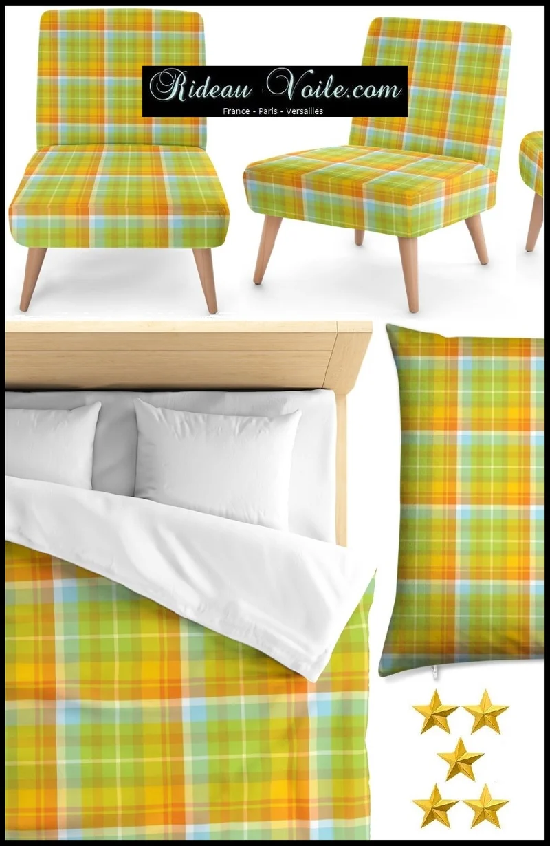 Tissu ameublement carreaux Madras Antillais mètre jaune vert rideau couette coussin