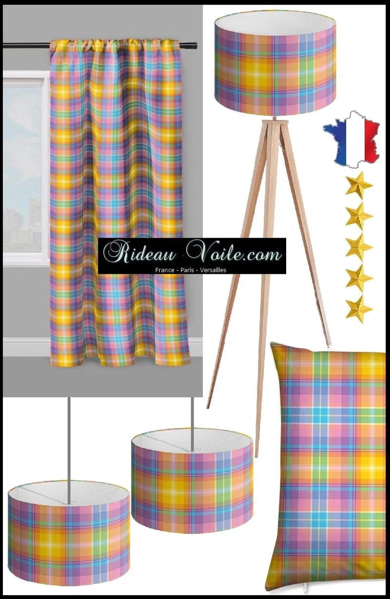 Tissu décoration carreaux Madras Antillais mètre jaune orange bleu rideau couette