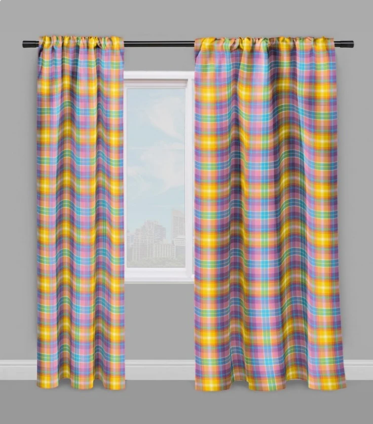 Tissu décoration carreaux Madras Antillais mètre jaune orange bleu rideau couette